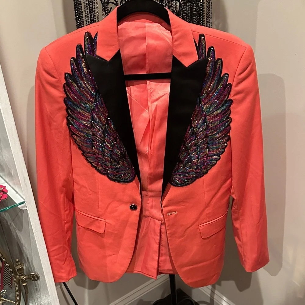 Bold Pink Blazer with Embroidered Wing Detail
